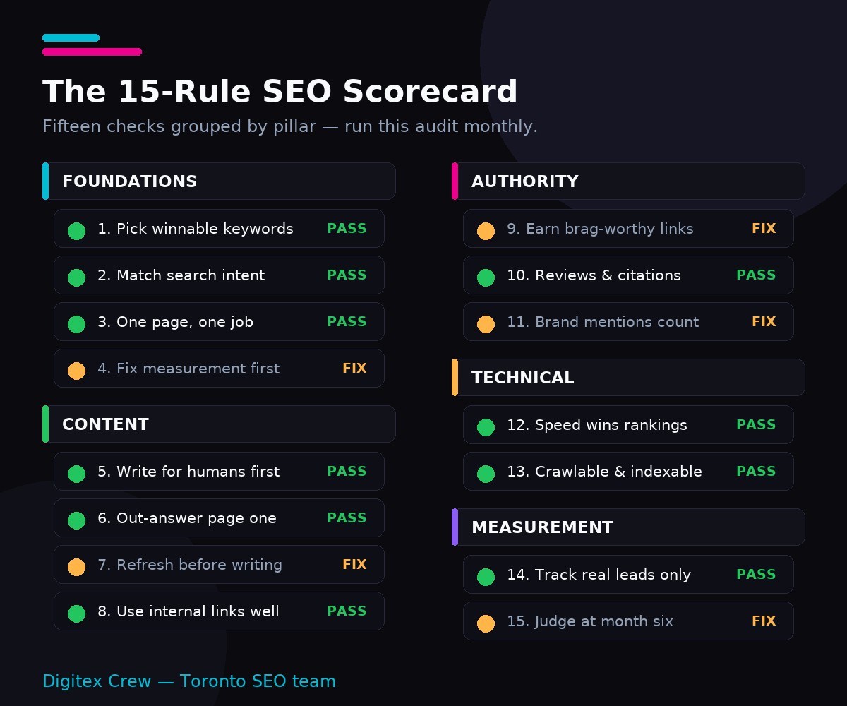 The 15-rule SEO scorecard — the monthly audit checklist grouped by pillar